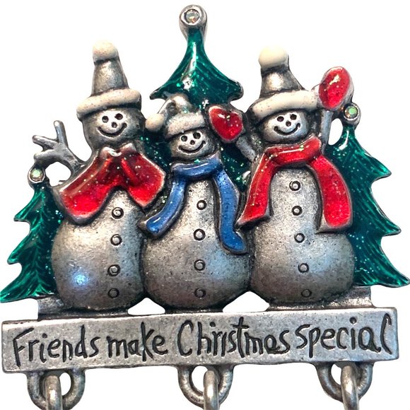 Vintage Brooch Pin AJMC Signed Snowman Christmas Friends Pewter Enamel Jewelry - Picture 2 of 5